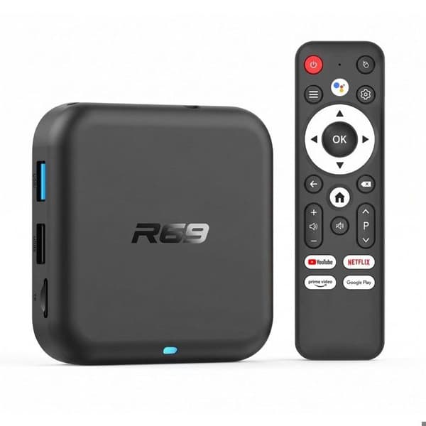 4K Android 14 Multimedie TV-box med Wi-Fi 6 och röststyrd fjärrkontroll, svart