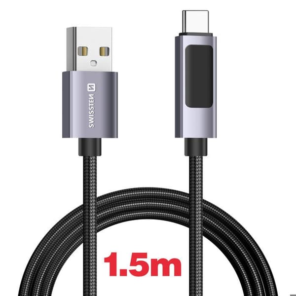 USB C til USB A kabel - SWISSTEN - 1,5m - Hurtig opladning 60W - LED Skærm - Sort