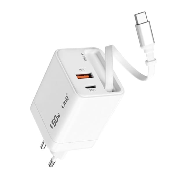 50W vægoplader PPS med retractable kabel / USB-C / USB-A LinQ hvid Vit