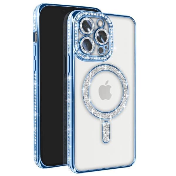 Coque - Diamant - iPhone 13 Pro - Blå Strass - Rigide - Kompatibel med MagSafe Blå