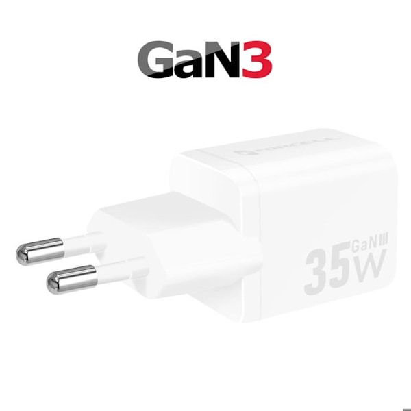 GaN III 35W Vægbelader med USB-C + Mini USB Porte Forcell Hvid Vit