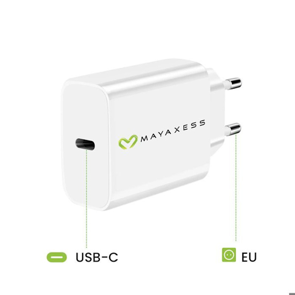Lader til iPhone 16 Pro Max 20W + USB-C kabel 1m Mayaxess Hvid Vit
