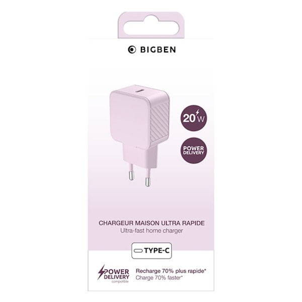 Strømforsyning - BigBen - USB-C oplader 20W - Power Delivery - Overspændingsbeskyttelse - Lyserød Rosa