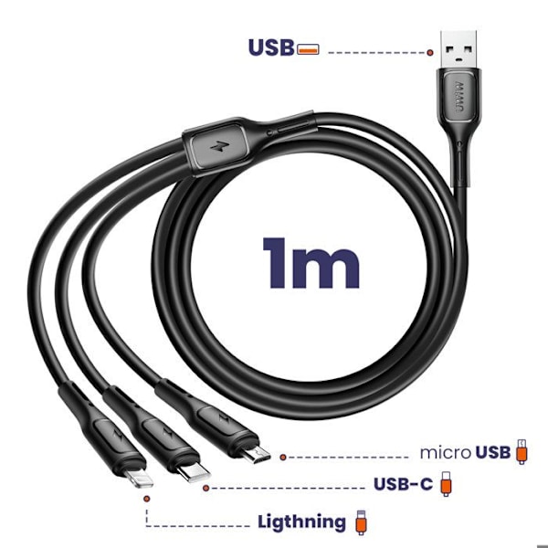 3-in-1 USB-C, Micro USB ja Lightning USB-liitäntäjohto 1m wiwu Musta