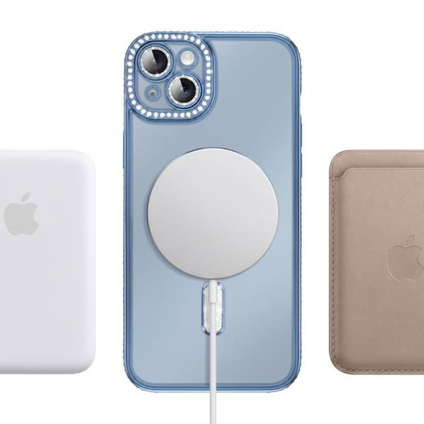 iPhone 15 Plus-fodral kompatibelt med MagSafe med blå strasskant Blå