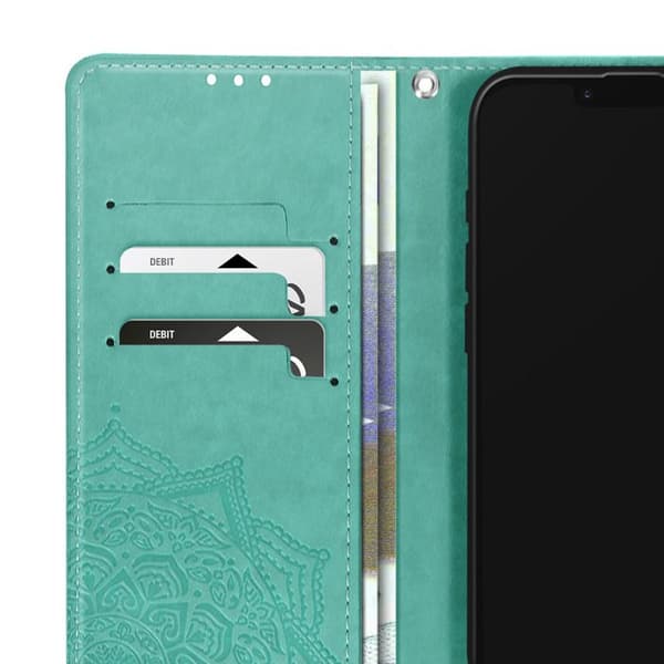 Plånboksfodral för iPhone 17:e serien Mandala med videostöd och handledsrem i grön Grön