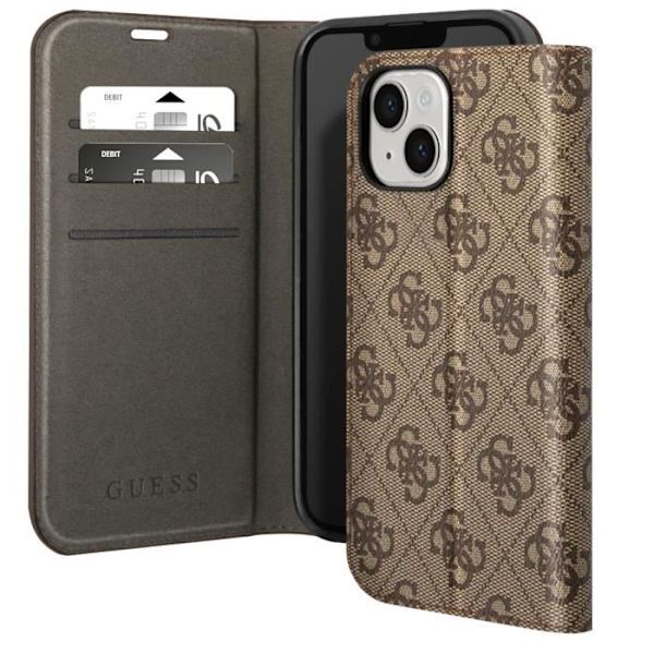 Luksus etui til iPhone 14 Plus Elegant design kortholder 4G Guess Pattern Brown kastanj