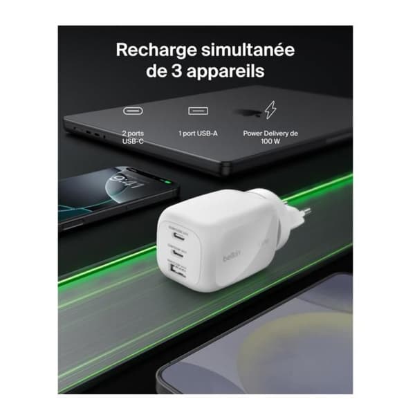 "USB-C 100W max PD-PPS vægoplader: 2 USB-C 100W, 1 USB-A 22.5W - hvid - Belkin"