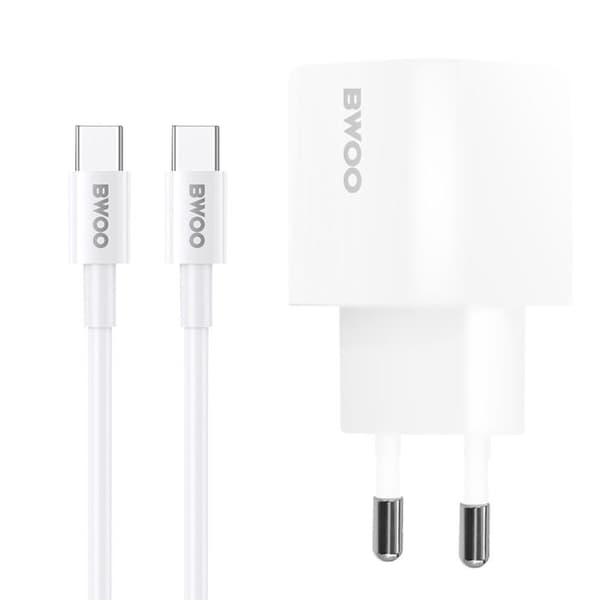USB C Vägghybrider - BWOO - 20W - Power Delivery - 1m Kabel - Vit Vit