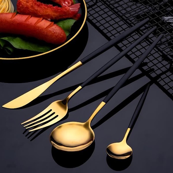 Sæt af Bestik 24 Stykker Elegant til 6 Personer Cheffinger Sort / Guld Svart