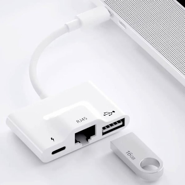USB-C - Ethernet / USB / USB-C -sovitin Compact Plug and Play White