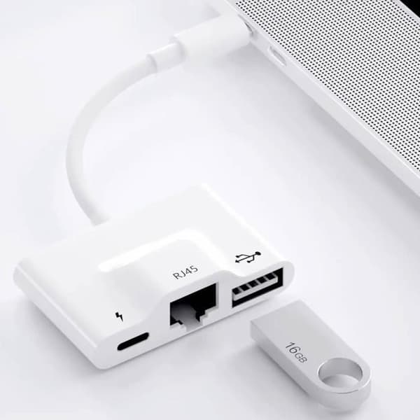 USB-C til Ethernet / USB / USB-C Adapter Kompakt Plug and Play Hvid
