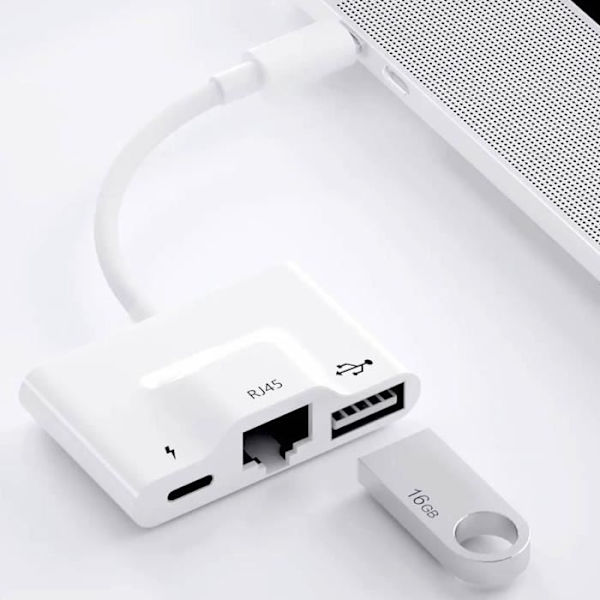 USB-C till Ethernet / USB / USB-C Adapter Kompakt Plug and Play Vit