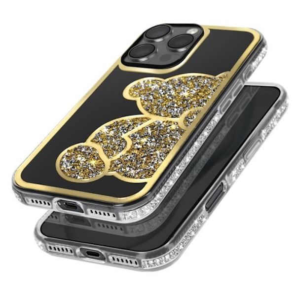 Teddybjörnfodral för iPhone 16 Pro Max Rhinestone Mönster Shiny Gold Contour Gul