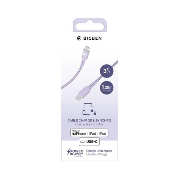 Cabo de Carga e Transferência USB-C / Lightning 3A Power Delivery 60W 1.2m BigBen Connected Violeta
