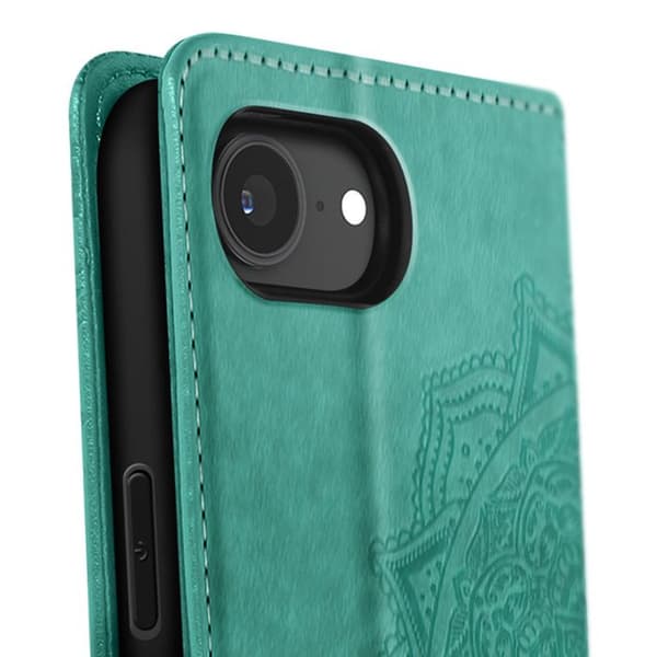 Plånboksfodral för iPhone 17:e serien Mandala med videostöd och handledsrem i grön Grön