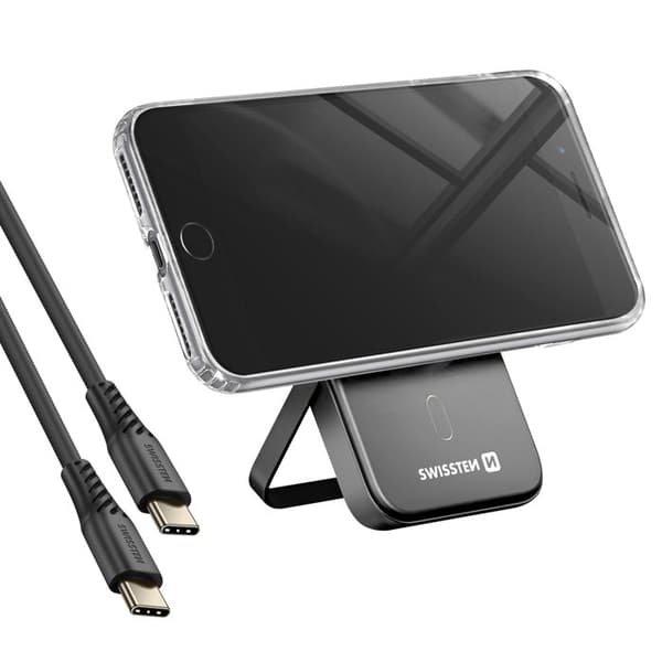 Pack MagSafe iPhone 8 Plus med Bi-materiale Cover og Powerbank 5000 mAh Swissten Transparent Vit