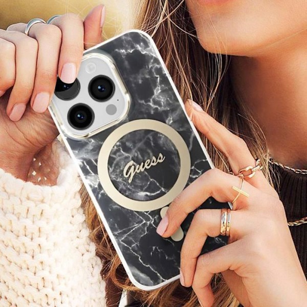 Pack för iPhone 14 Pro Max Marble Case och Guess 15W MagSafe Charger Black Svart