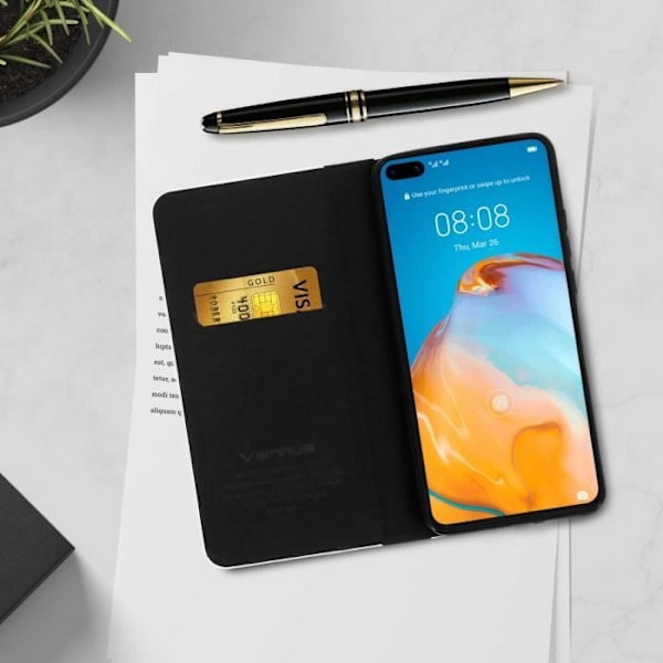 Housse - AVIZAR - Huawei P40 - Øko-læder - Video støtte - Kortholder - Sort Svart