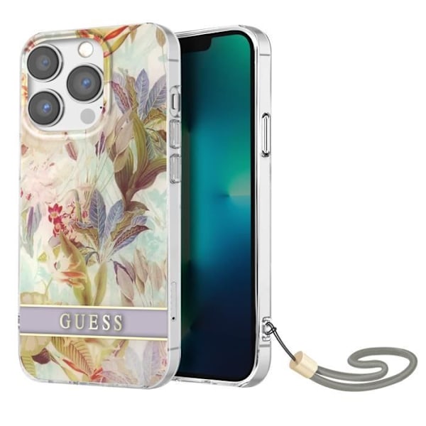 IPhone 13 Pro:n kuori, jossa on monivärinen pastellikukkadesign ja kantonauha Guess Flerfärgad