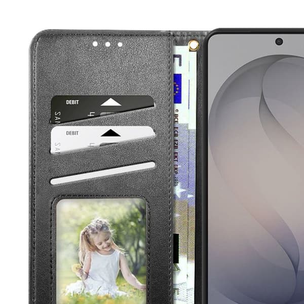 Pungetui til Galaxy S26 med magnetisk trykknap og håndledsrem i sort Svart