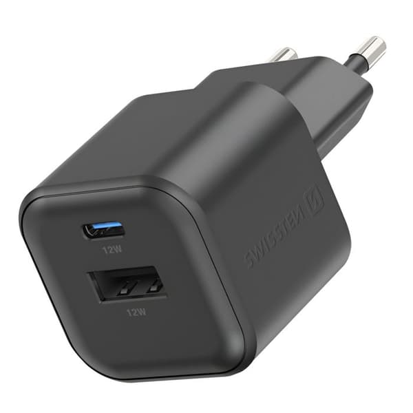 USB-C / USB-A Power Delivery GaN 12W Strømforsyning Swissten Sort Svart