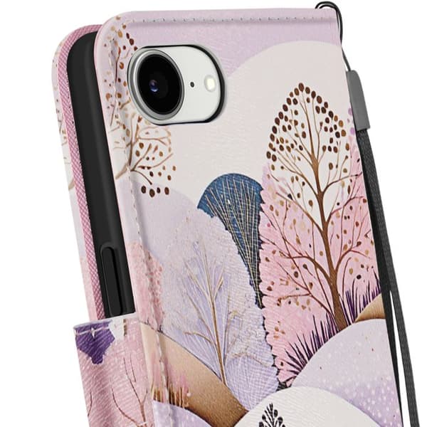 Pungetui til iPhone 17 med landskabsmønster, støtte og multicolor håndledsrem Svart