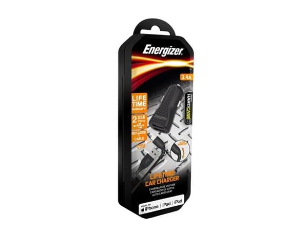 Lader til bil - ENERGIZER - DC2CLLIM - 3.4A - 2 USB-porte - Inkluderet Lightning-kabel Sort