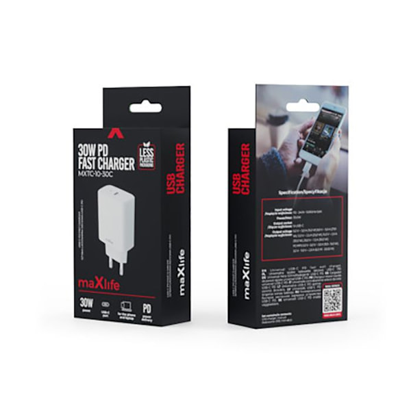 USB-C Oplader 30W PD QC Ultra Hurtig Maxlife Hvid Vit