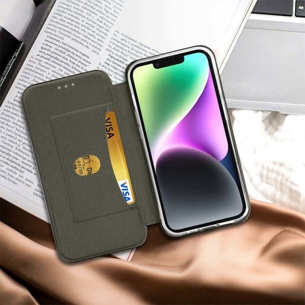 iPhone 14 Cover Flip Card Holder Video Support Sort satin finish Svart