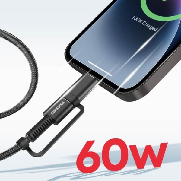 USB + USB-C kabel - SWISSTEN - Aramid Grå - 60W - 1,5 m - iPhone/iPad kompatibel Svart