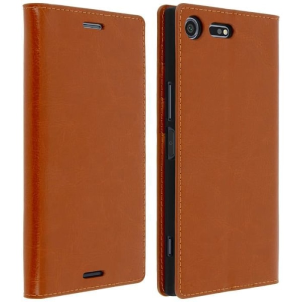 Etui Portefeuille - AVIZAR - Xperia XZ Premium - Camel Læder - 3 Kortfag - Standfunktion Kamel