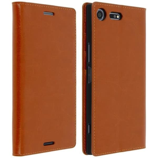 Etui Portefeuille - AVIZAR - Xperia XZ Premium - Läder Kamel - 3 Kortfack - Ställfunktion Kamel