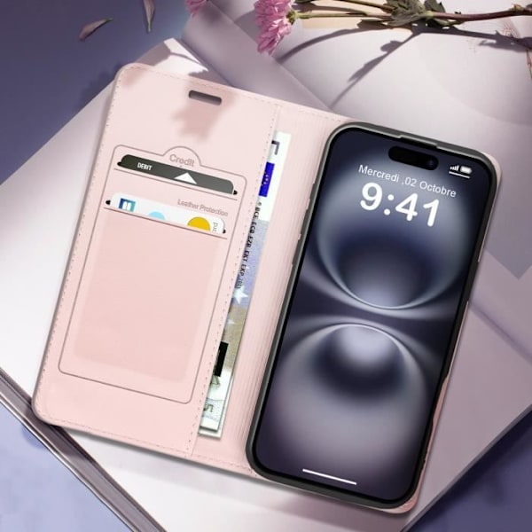 Foliofodral för iPhone 16 Plus Diamantkorthållare Videostöd Rosa Rosa