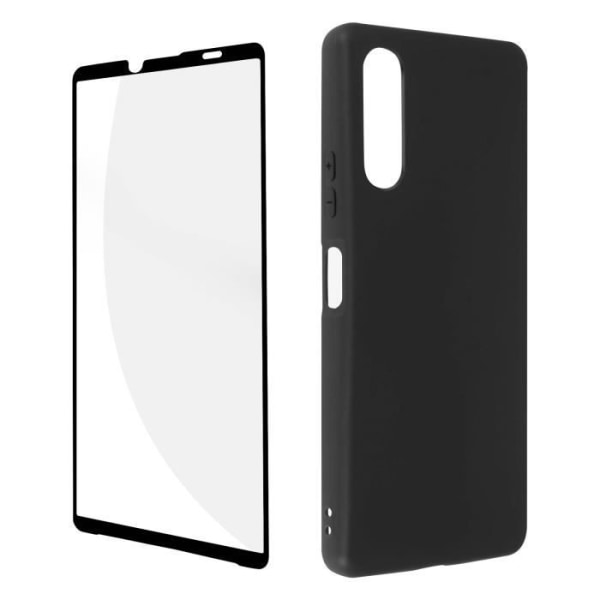 Sony Xperia 10 IV Case Black Pehmeä Gel Silikoni ja 9H Tempered Glass Black Contour Svart