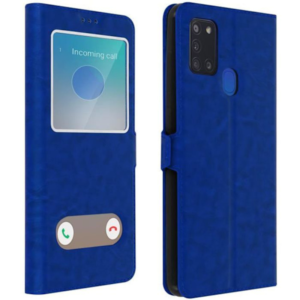 Hus - Samsung - Galaxy A21s - Helfodral - Dubbel Fönster - Video Stativ - Blå Blå