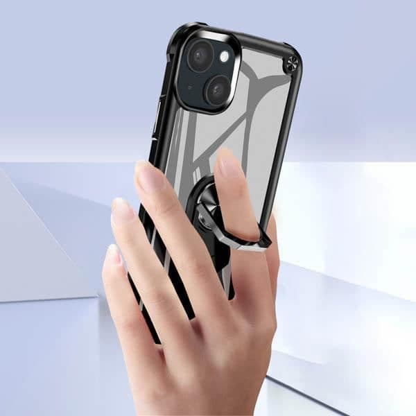 Telefonskal - AVIZAR - iPhone 15 Plus - Sort og Transparent - Stødabsorberende - Støtte Ring Svart