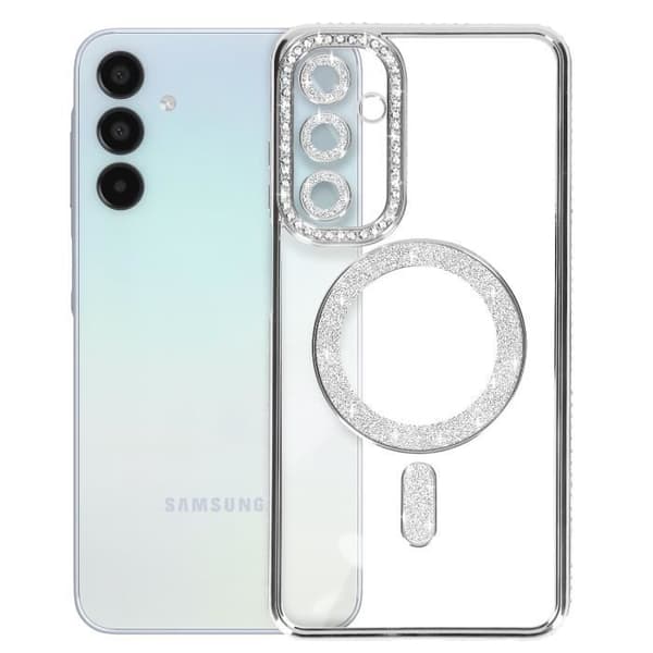 Mobilskal - AVIZAR - Samsung Galaxy A15 - Strasskanter - Magnetring - Transparent baksida Grå