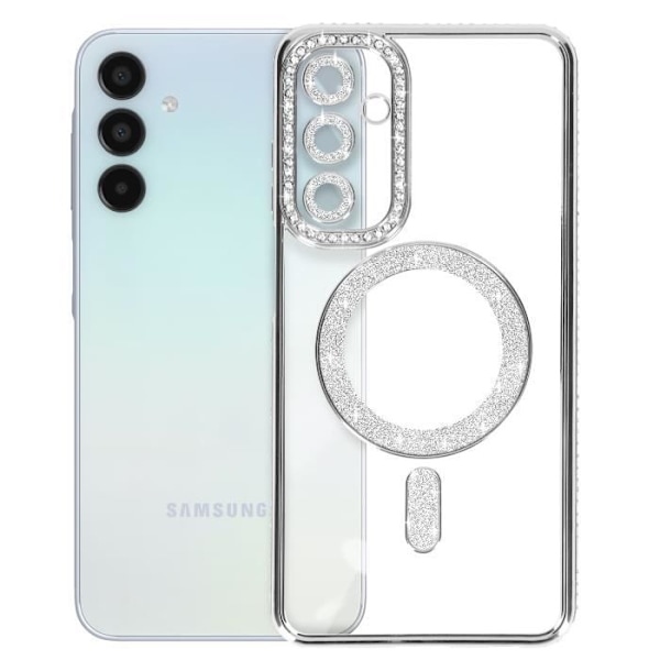 Timanttikotelo Samsung Galaxy A15 -puhelimelle - AVIZAR - tekojalokivi Contour - MagSafe-magneettirengas - läpinäkyvä takaosa Grå