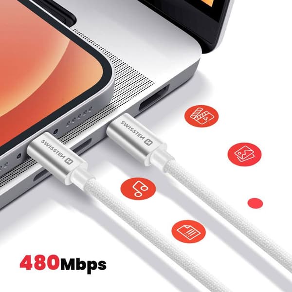 USB-C till USB-C-kabel 3m 60W Universell Snabbladdning och Överföring Swissten Silver