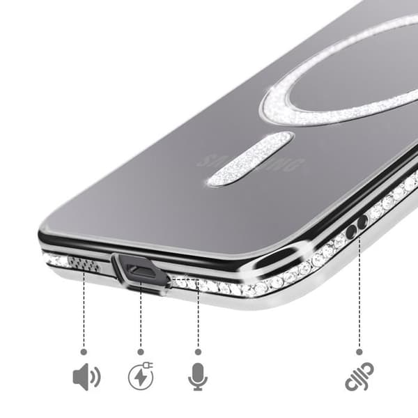 Fodral för Galaxy A57 Kompatibel med Qi-laddning med Diamantstrassad Silverkant Grå