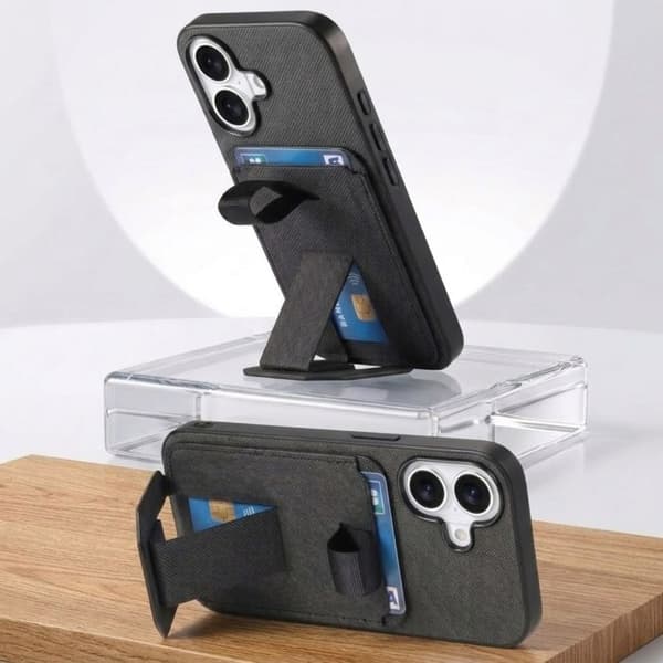 iPhone 17 Cover med Stofeffekt, Støtte og Kortholder i Sort Svart