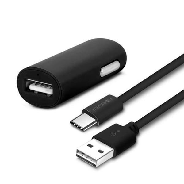Cigarettænder Oplader - Forever - Hurtig Opladning 2A - USB Type C Kabel 1.2m - Sort - Sikker Svart