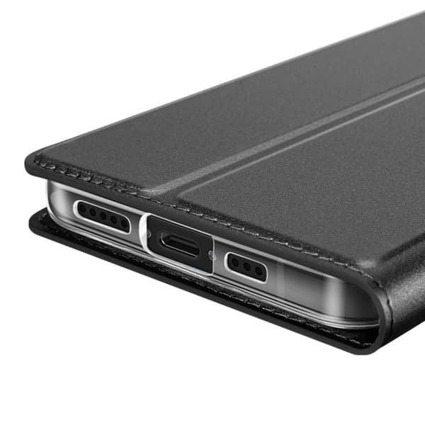 Étui til iPhone 16e - Dux Ducis - Satinlignende læder - Video støtte - Sort kortholder Svart
