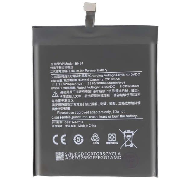 Batteri til Xiaomi Redmi 5A Li-polymer 3.85V 3000mAh 11.55Wh Sort