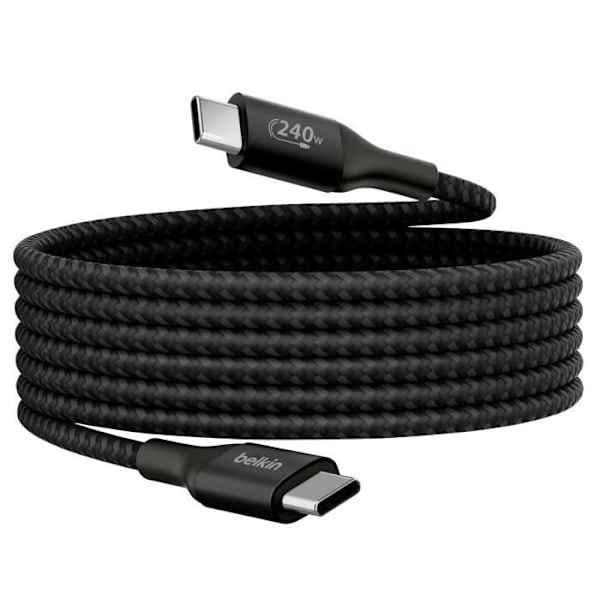 USB C-kabel - BELKIN - BoostCharge - 240W - 2m - Flätad nylon - Snabbladdning Svart