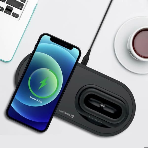3-i-1 Induktionsoplader til iPhone / Apple Watch / AirPods Swissten Sort Svart