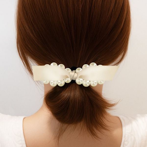 Satin Perle Subtil Beige Hår Elastik med Sløjfe beige