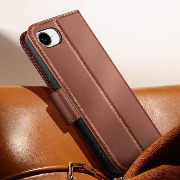 Premium Læder Pung Cover til iPhone 16 med Ståfunktion Brun kastanj