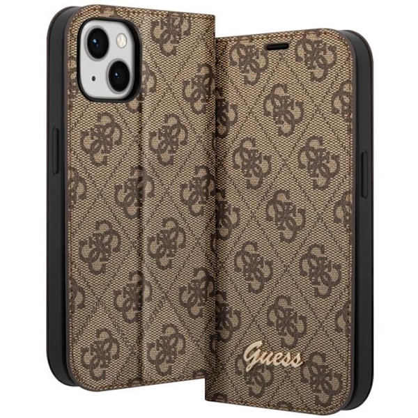 Luksus etui til iPhone 14 Flip Card Holder Elegant Design 4G Guess Pattern Brown kastanj